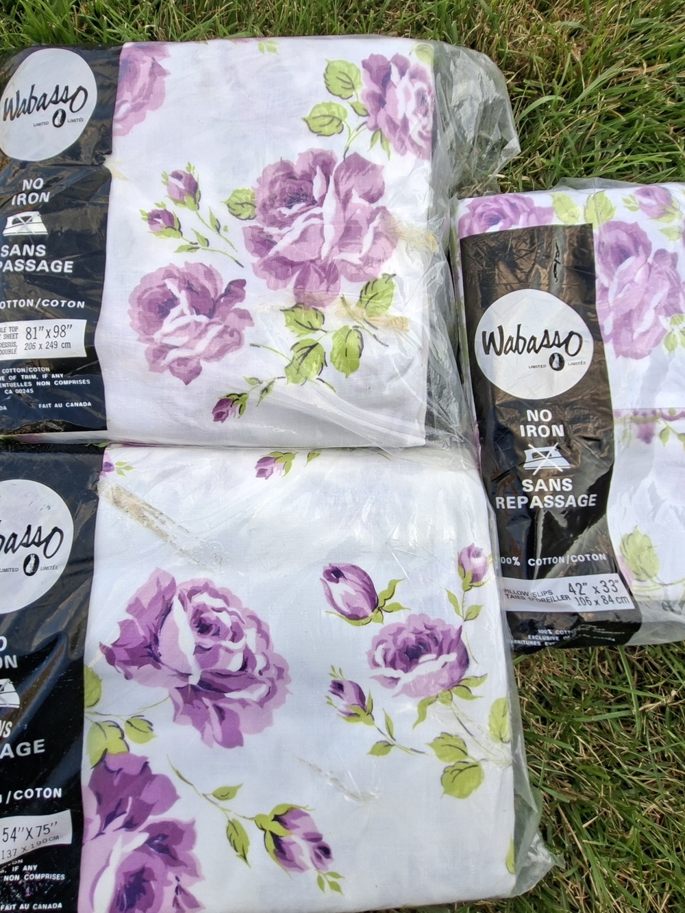Vintage Wabasso Purple Lavender Rose Double Bed Sheet Set NOS 100% Cotton Cottag
